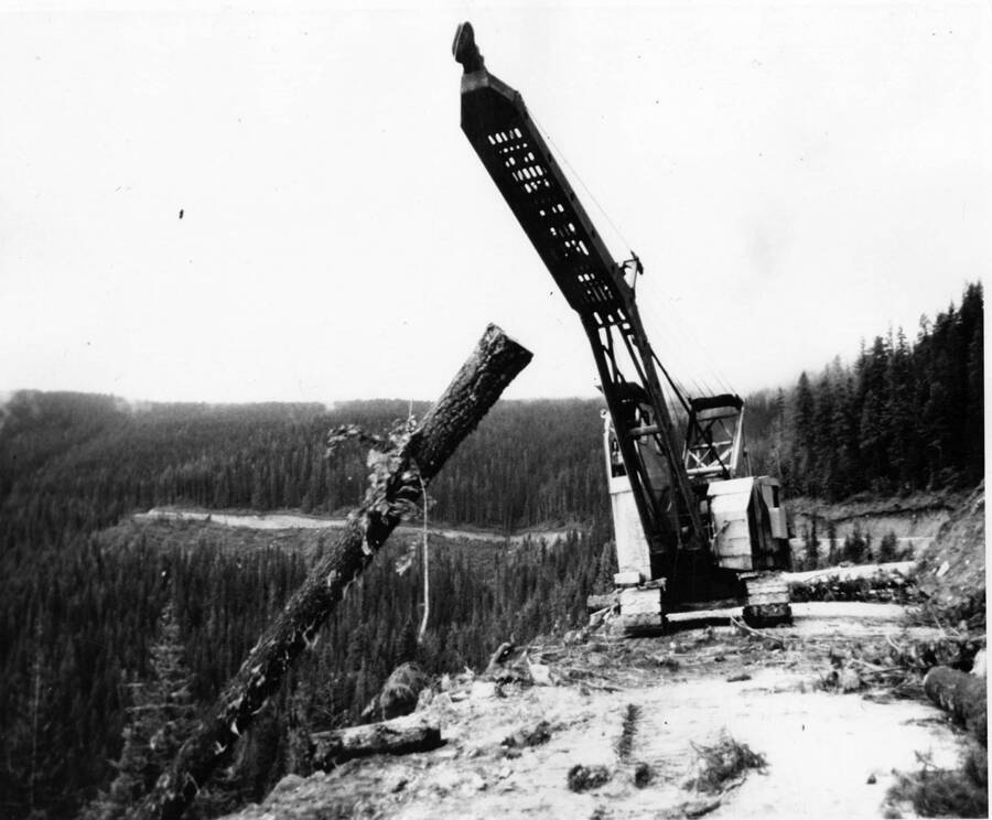 A crane hoists a log over the side of a ledge. The description on the back of the photograph reads 'early yarding.'