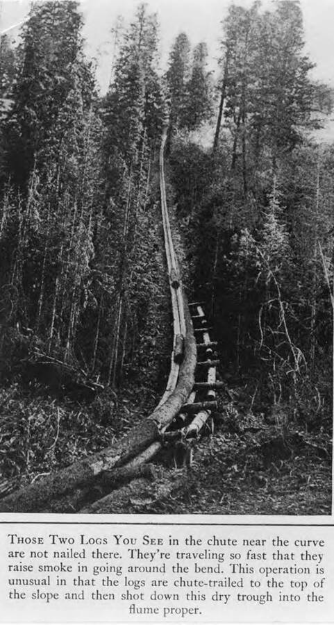 Two logs run down a very steep flume. The description on the photograph reads 'those two logs you see in the chute near the curve are not nailed there. They're traveling so fast that they raise smoke in going around the bend. This operation is unusual in that the logs are chute-trailed to the top of the slope and then shot down this dry trough into the flume proper.'