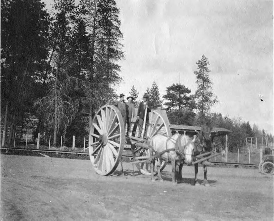 Three men stand atop the front end of a big-wheeled wagon hitch with two harnessed draft horses in front.