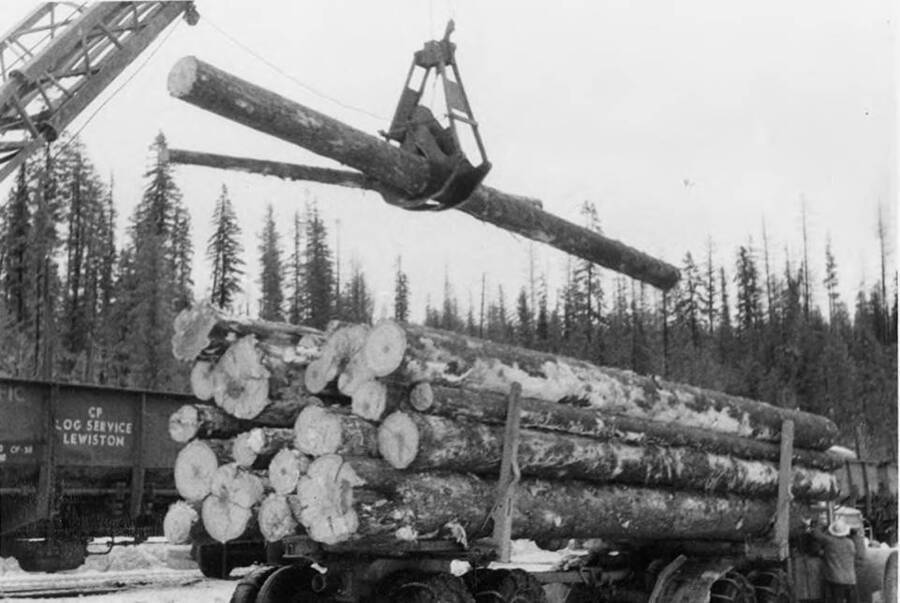 A crane lifts a log off a truck to be loaded into a railcar to take it to a mill.