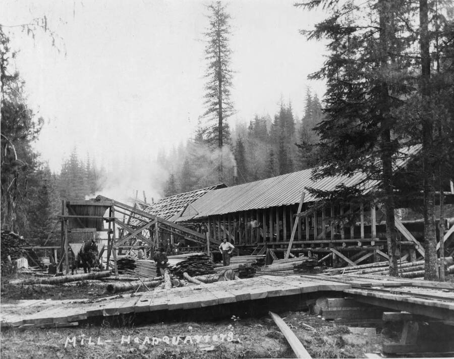 The mill at Headquarters, Idaho. A wooden walkway leads up to railroad tracks in the center of the photograph.