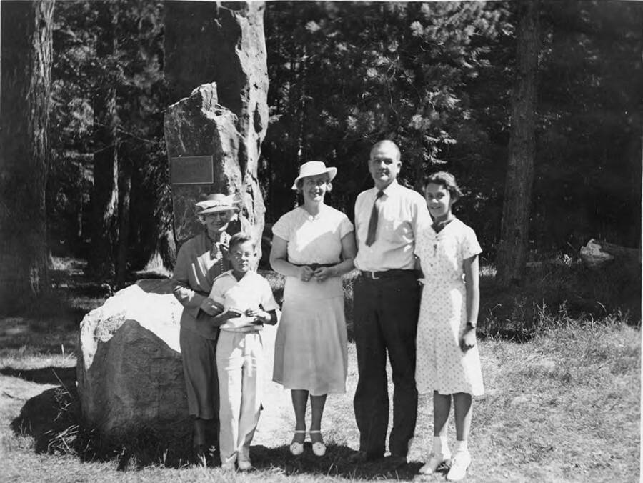 The Decker family stands at the plaque  at the dedication of Laird park. They are 'Arlie D. Decker, Mrs. (Charlottee Laird) Decker, Mary Ann Decker, and Allison Laird Decker.'