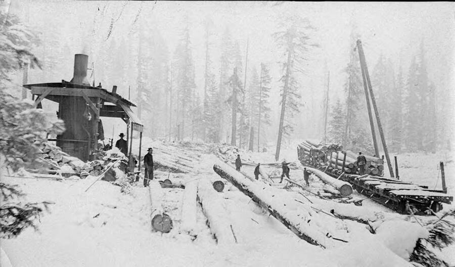 Men work in a snow storm to load logs onto flatcars for transport.