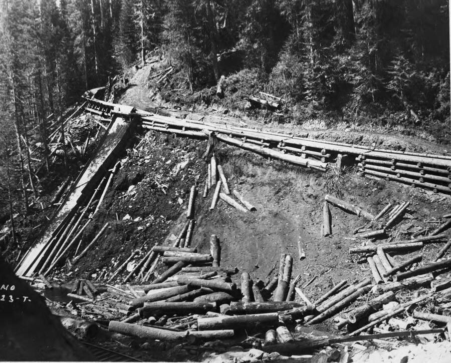 The log flume near camp 8. Discarded logs pile off to the side of the flume. Stamped on the back of the photograph is 'J.F. Anderson, Photo Phones 111-1445J. 814 Main St. Lewiston Idaho.'