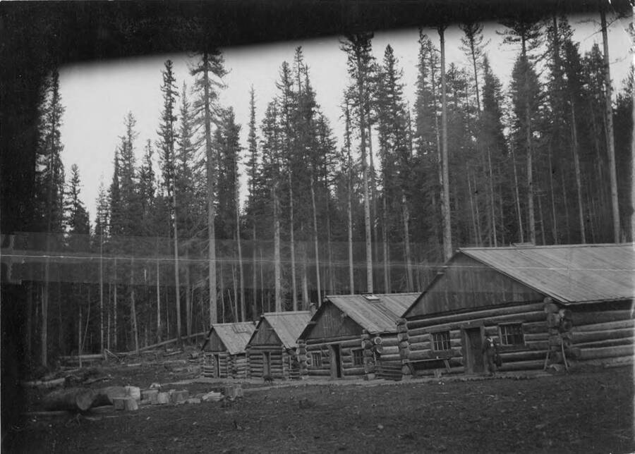 An early logging camp near Harvard, Idaho. Shown are the bunkhouses. They are made of wood logs for a more permanent structure.