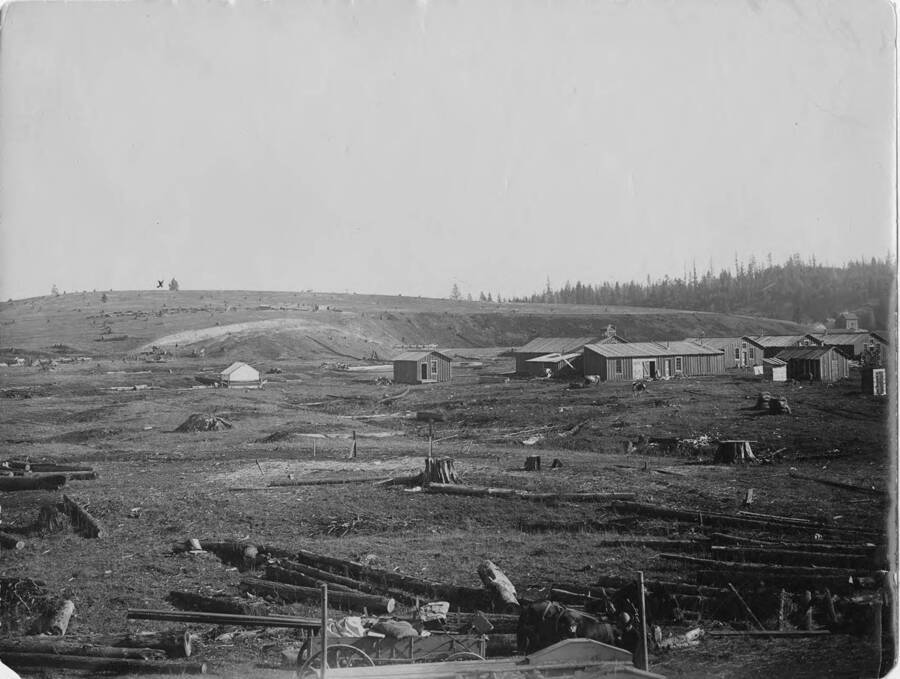 Looking at residence hill. Over temporary bunk houses and office of Mr. C. N. Lerekiusou(?) who built the mill. Description taken from back of photograph.