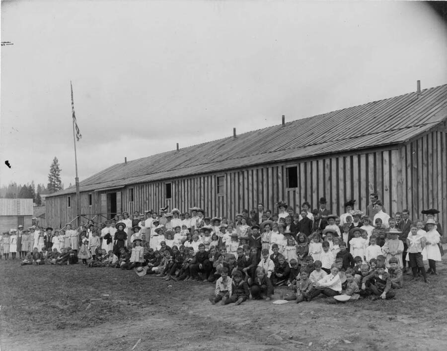 This is the first school house [in Potlatch] and was located on the ground where the old gym stands. The school was moved in town to the present High School building.