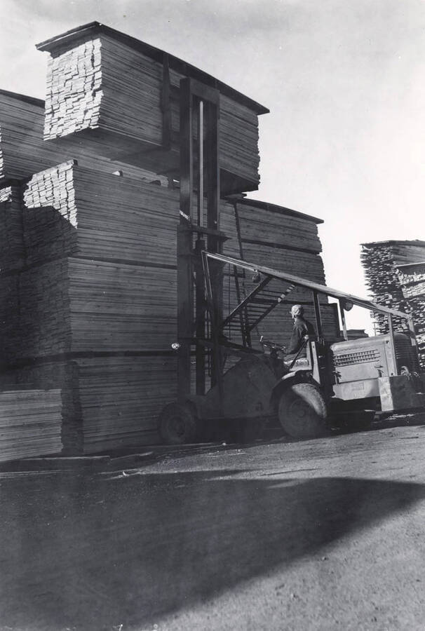 Operator of fork lift truck stacking lumber in yard.
