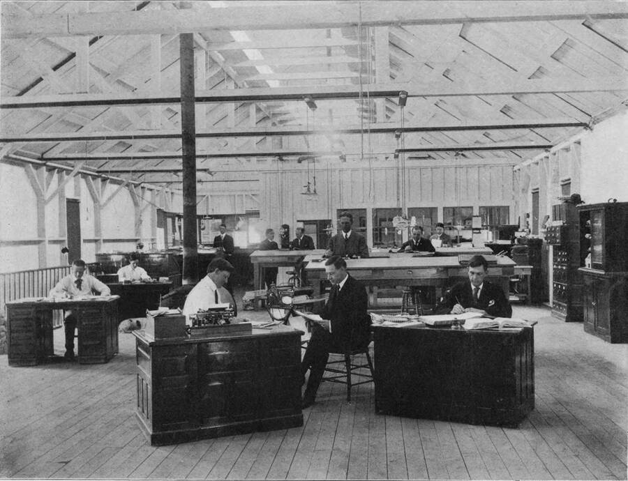Men work in the main office of Potlatch lumber company. Scanned from the book 'Potlatch Lumber Company: Manufacturers of Fine Lumber'. The back cover says 'Photographed and published by F. D. Straffin, 336 Riverside Ave. Spokane Wash. Printed by Inland Printing Co. Spokane, Wash.'