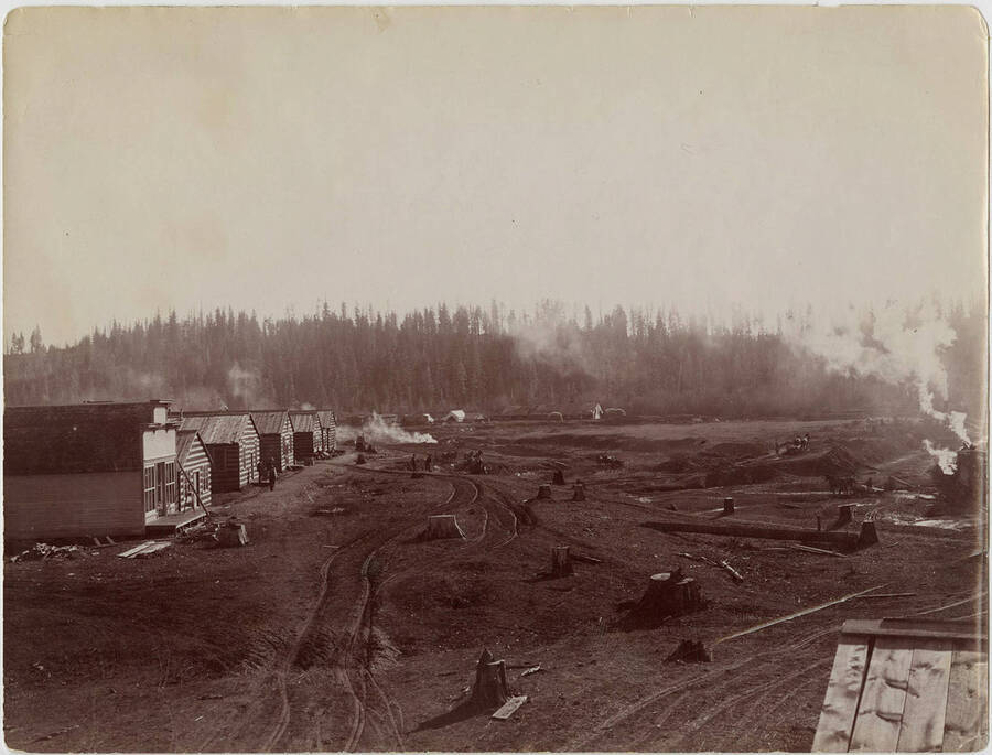 The first 'Main' street in Potlatch, Idaho. The description on the back of the photograph reads 'Temporary store and boarding houses near mill pond and just south of the barn and sawmill.'