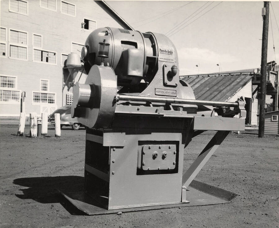 A piece of equipment stands outside the plant in Lewiston, Idaho. This piece is for the processing of making Pres-to-Logs.