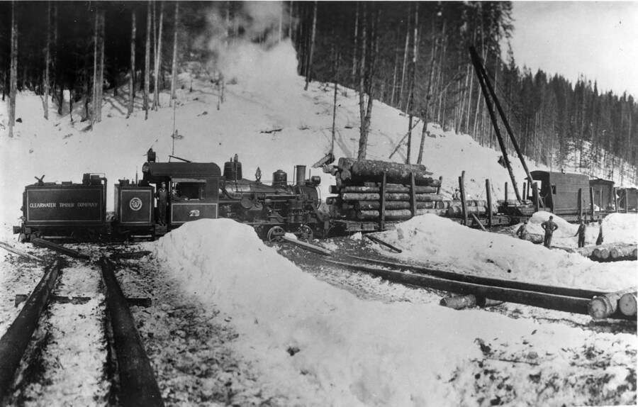 The '"Heisler" No. 72' engine sits waiting while logs are loaded on to its cars. Toward the right-hand side of the photograph, the tracks which logs are rolled down towards the train can be seen. Also on the right hand side of the photograph is a crane loading logs onto flatcars.