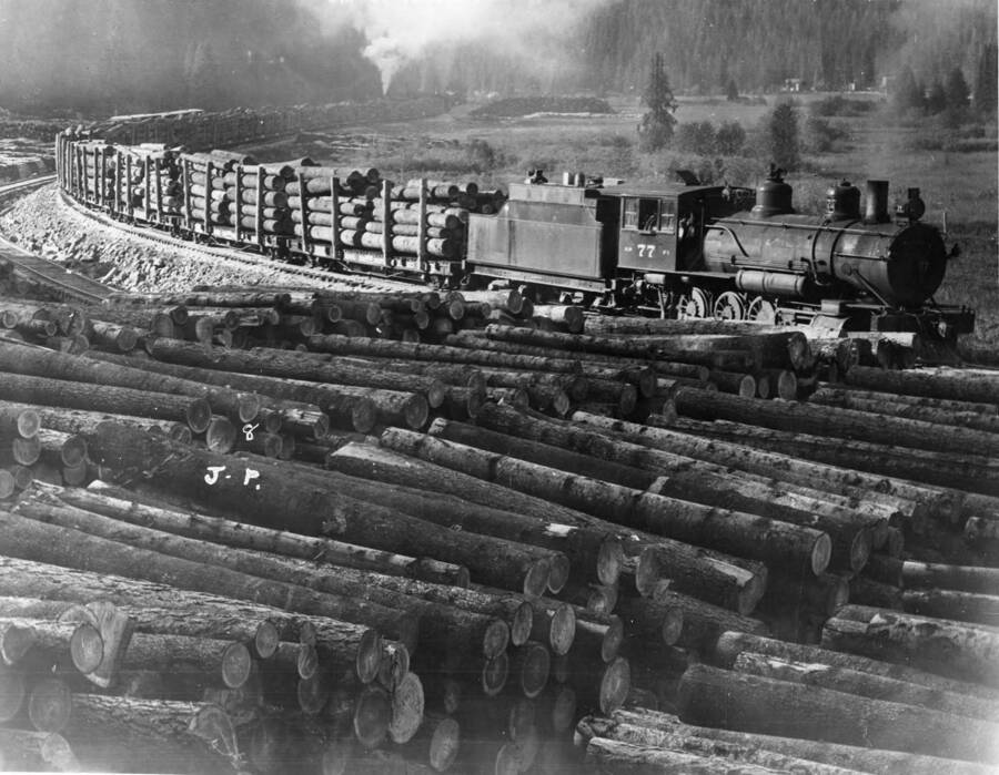 A log train moves by log decks waiting to be transported. Attached to the back of the photograph are two writings to clear up the location of the photograph 'General agreement this is not Headquarters. Jaypee seems to be one though because of the initials on the picture, but Revling siding receives the majority opinion.' Then a sticky note says 'This is revling. View is east looking up Beaver Creek. Where the train sits is now the gravel road.'