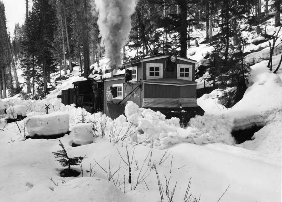 A stout, low-geared logging locomotive pushes one of Potlatch Forests, Inc. snow plows up a stiff bit of grade along merry creek, near Clarkia, Idaho. The snow was only a few feet deep but had settled with repeated thawings (it was spring at lower altitudes) into a heavy compact mass atop the rails. The locomotive and plow backed away time after time and charged it like a rampaging bull before this section of track was finally cleared. Description taken from the back of the photograph.