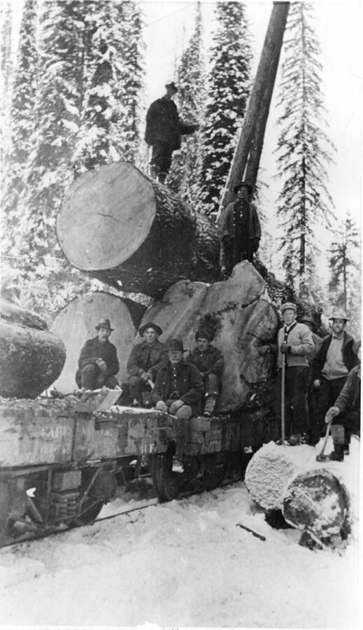 A group of loggers stand around large logs that have been harvested and placed on a flatcar.