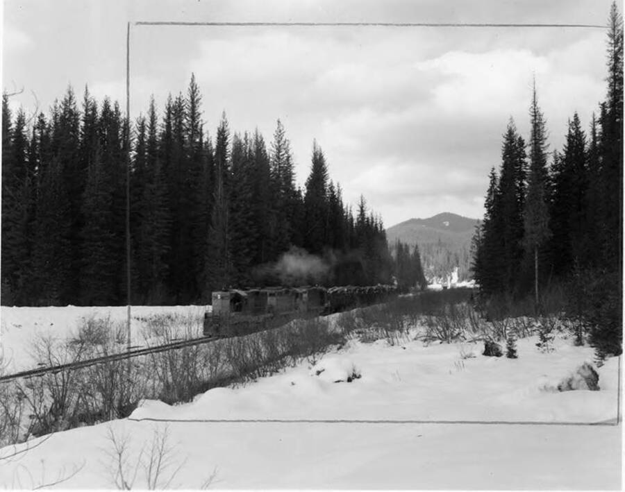 A loaded train full of logs near Headquarters, ID. Engine #316. In the background of the photograph, Silver Butte can be seen. Written on the photograph: the train is entering Alder creek Flats.