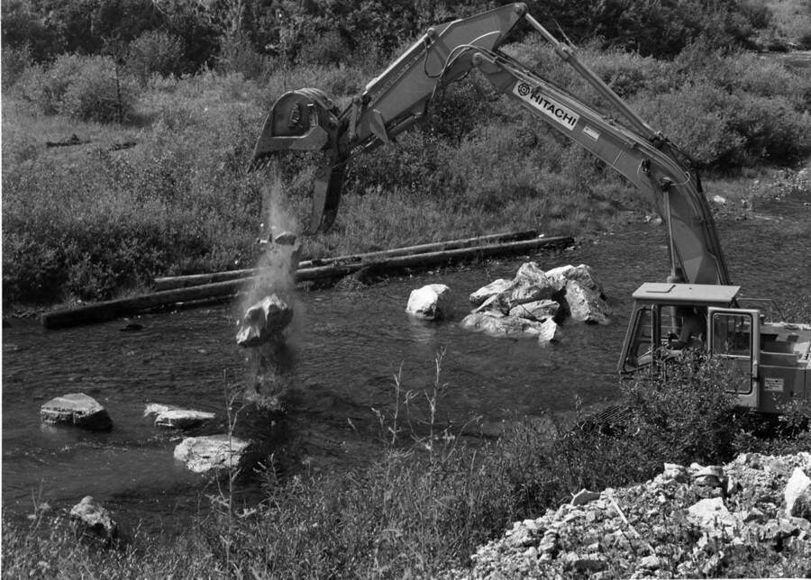 An excavator dumps a boulder into the Orogrande creek to help rehabilitate the stream.