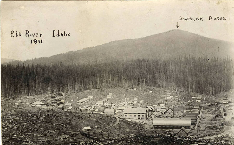 The town of Elk River, Idaho as seen from one of the surrounding hills. The mountain in the background of the photograph is Shattuck Butte.