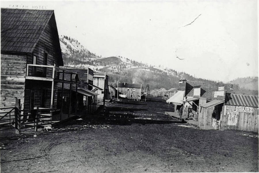 The building on the left of the photograph is the 'Hotel Kamiah'. Photograph looking at 'downtown' Kamiah.