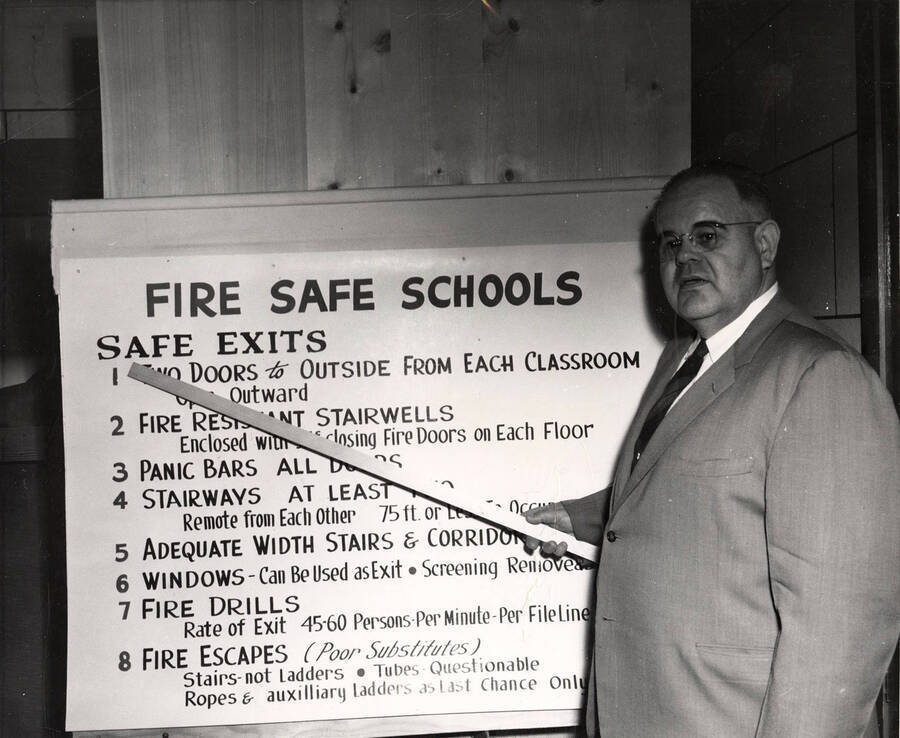 Robert W. Olin speaks for wood in schools. National Fire Protective Association report on Our Lady of Angels School Fire that, 'adequate exits would have prevented any loss of life'. Wood products are ideally suited to one story classrooms that provide the safest exits at minimum costs. The poster discusses fire safety in schools.