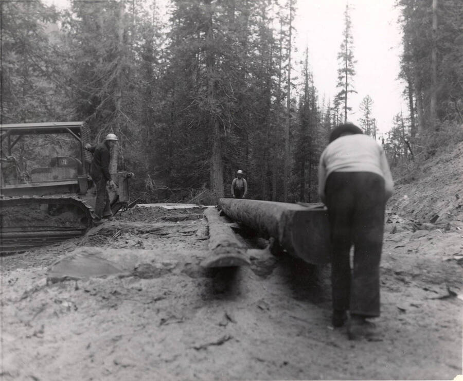 Two men work on cutting log into planks while a third waits by a caterpillar.