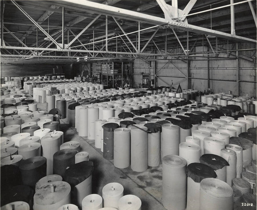 Hundreds of rolls of paper sit awaiting production at the Lewiston mill.