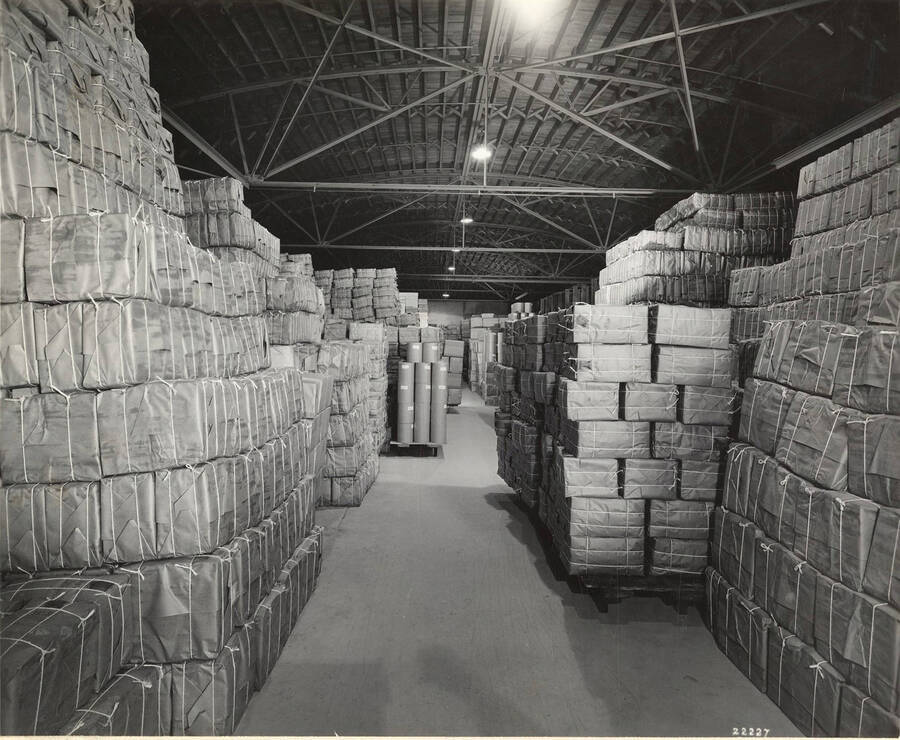 Pallets of paper products are stored in a warehouse at the mill in Lewiston.