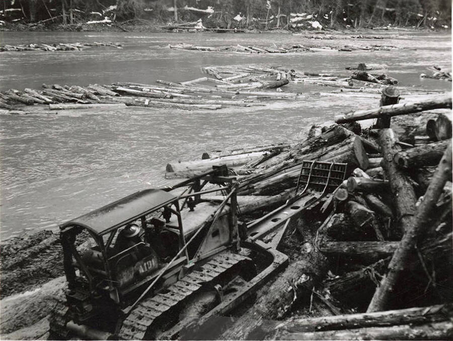The description on the back of the photograph reads 'Annual log drive on North Fork of Clearwater river.' In the lower part of the picture, a bulldozer type piece of equipment pushes log into the driver.
