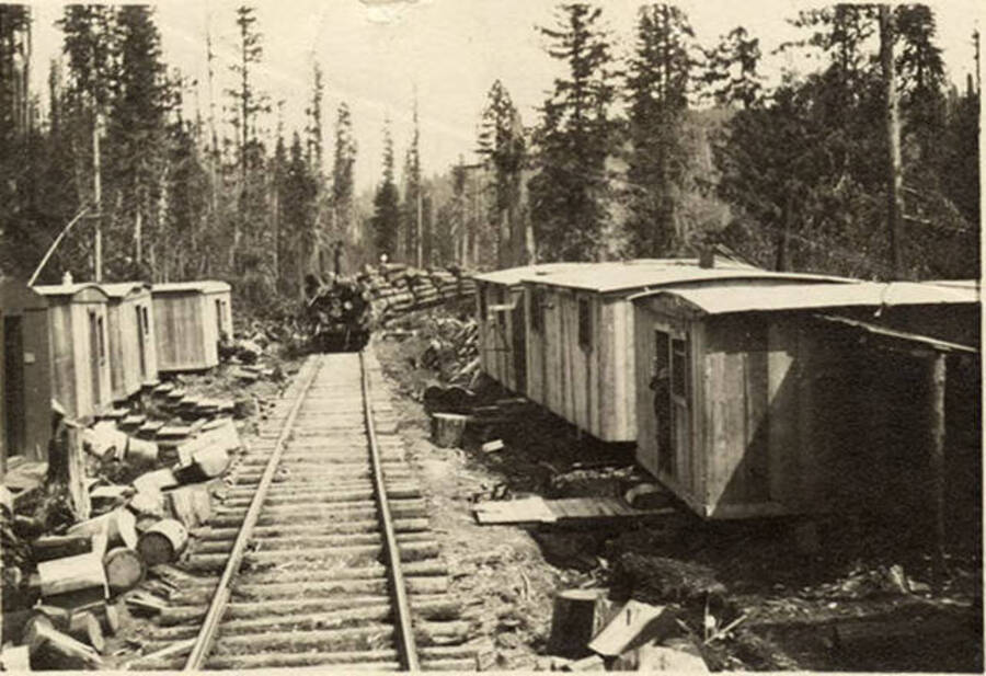 A train loaded with logs, leaves a logging camp near Bovill, Idaho. On the left side of the photographs are leftover logs from the cutting process. The description on the back reads 'In small envelope, Bovill, logging camps; Potlatch Logging Camps.'