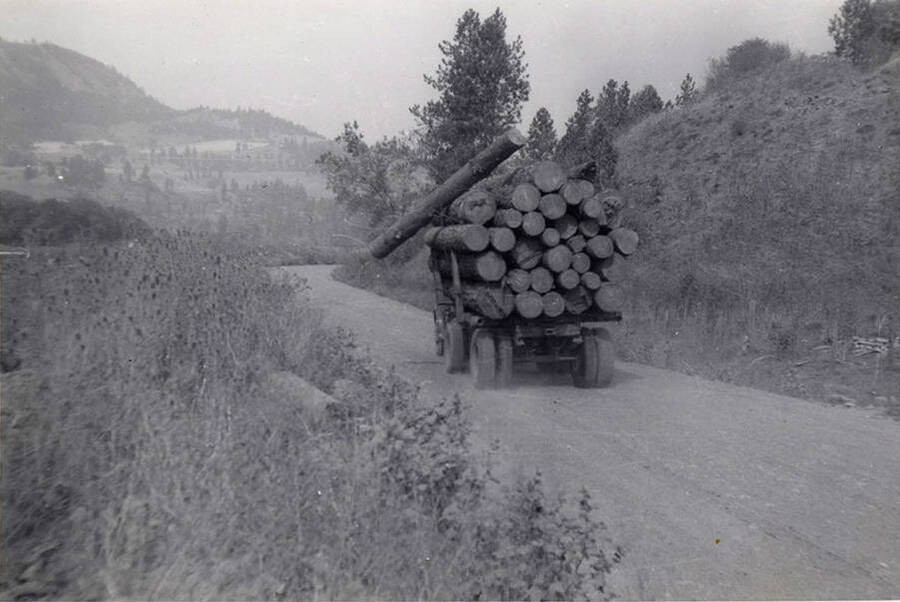 A log tumbles from a truck as it drives down the road.