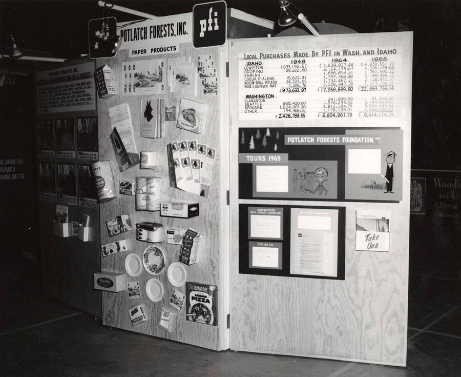 A display showing all the different paper products that Potlatch Forests makes as well as displaying information about the tours that PFI gives.