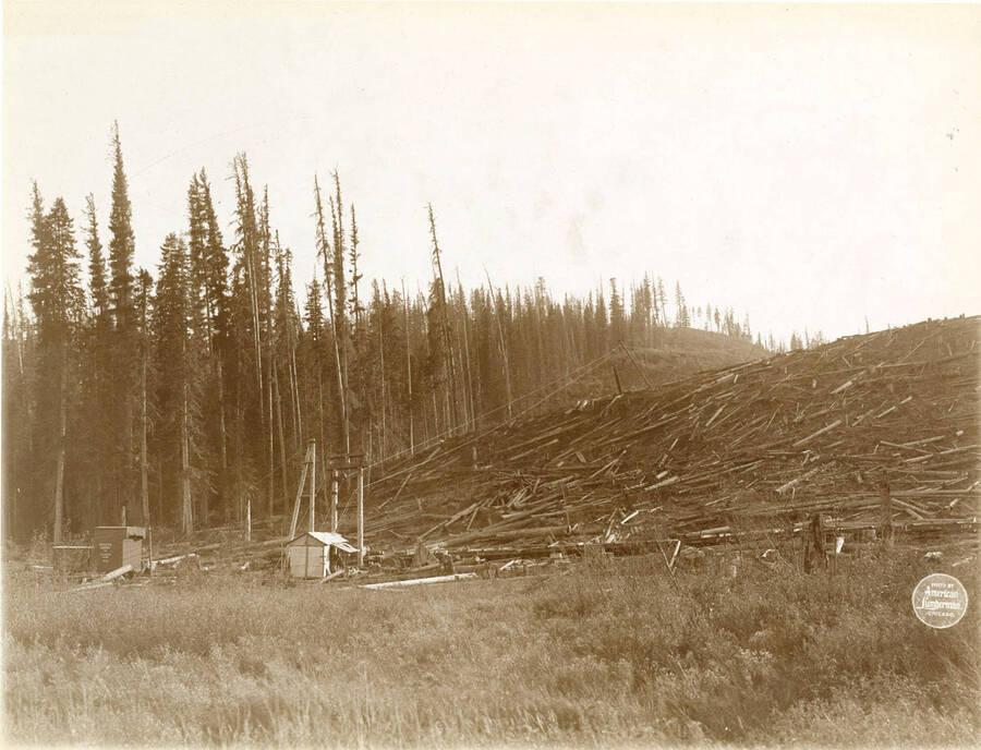 Electric Donkey No. 2, sky line 3,000 feet, pulling cedar poles at finish of set, also showing portable transformer on car. Description taken from American Lumberman papers found within the folder. Photograph taken between September 28 and October 4.