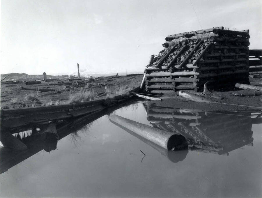 A log sits half submerged in water of the log pod. In the background on the right side of photograph is a log structure that  appears to be holding rocks and dirt.