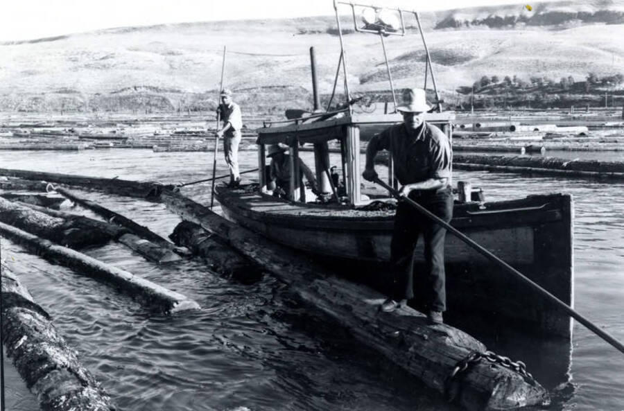 Men use a boat and long poles to bring logs off the log pond.  These men were known as Pond men or Pond Monkeys.