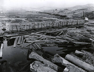 Rough logs sit on either side flat cars waiting to unload logs at the log pond. A crane sits ready at the right hand side of the picture. In the background of the picture, stacked logs sit at the edge of the pond. Note on the envelope says that this photo was taken for Doug Wilson, the Seattle AP photographer who covered the log drive.