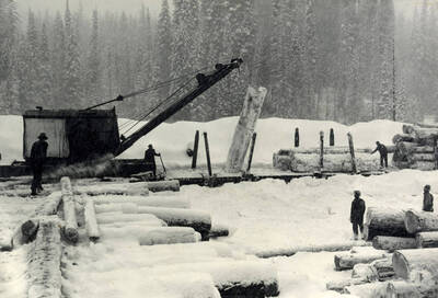 Swinging the log aboard a flat car. It was snowing hard when this picture was taken, and during the afternoon and evening there was an additional two feet of snowfall.'