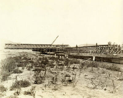 A crane works to help build one of the buildings at the Lewiston Mill. To the right of the crane is a half constructed building. In the background, the rough-dry sheds stand half completed as well. Written on the photograph is 'Stacker - Drest Dry shed, 9/24/1926, No. 124'