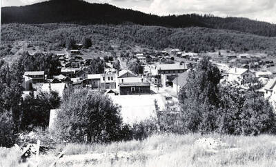 Looking down a hill at the town of Elk River, Idaho