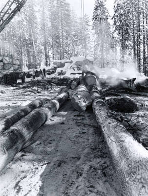 Men work to build a bridge over a creek. Snow is covering most everything. A small bit of crane can be seen on the right hand side of the photograph. Written on the back of the photograph is "Bridge #2 1/13/60."