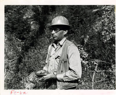 A forest researcher is running a cruise line with hand compass (description from the back of the photograph).
