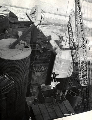 Men working on part of the Clearwater paper mill construction site.