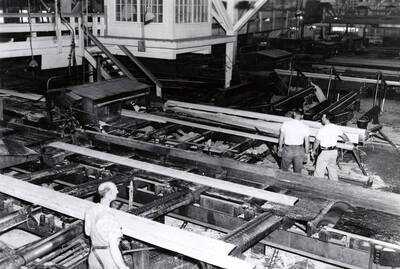 Men work with planks of wood. Writing on the back says "Green chain."