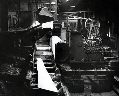 Planks are cut from a log on the gang saw.