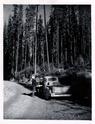 Bob Tondevold and James Delaney locating aircraft is the description on the back of the photograph. These two men look towards to the sky to spot any aircraft