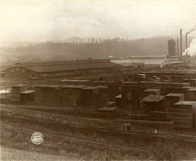 Five plate panoramic view of the plant over the lumber yard from north. (Description taken from American Lumberman papers found within the folder). Photograph taken between September 28 and October 4.