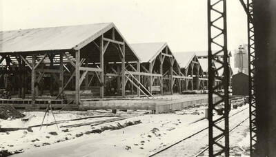 Dry sheds, from northwest corner; new loading dock in foreground: taken from present loading dock.