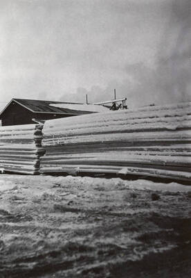 Lumber yard in winter.