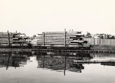 Logs on a W.I.M. flat car at the Potlatch Lumber Company Log Pond.