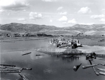 A large piece of machinery sits on a strip of land facing the log pond. In the foreground logs lie half submerged in water.