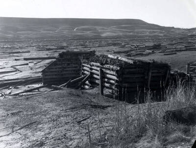Logs used to construct some sort of holding structure with the log pond in the background.